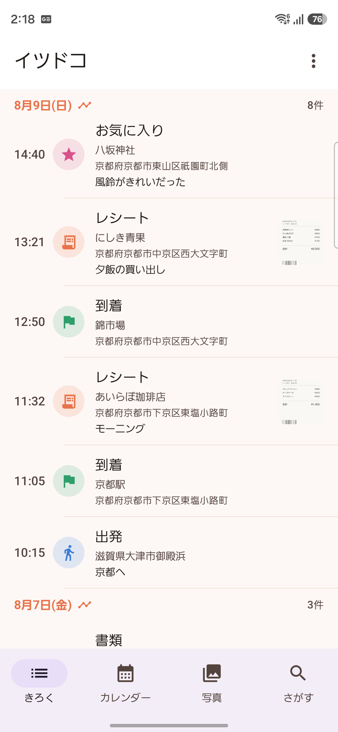 きろく画面。京都でのおでかけが店名付きで時系列に並んでいる