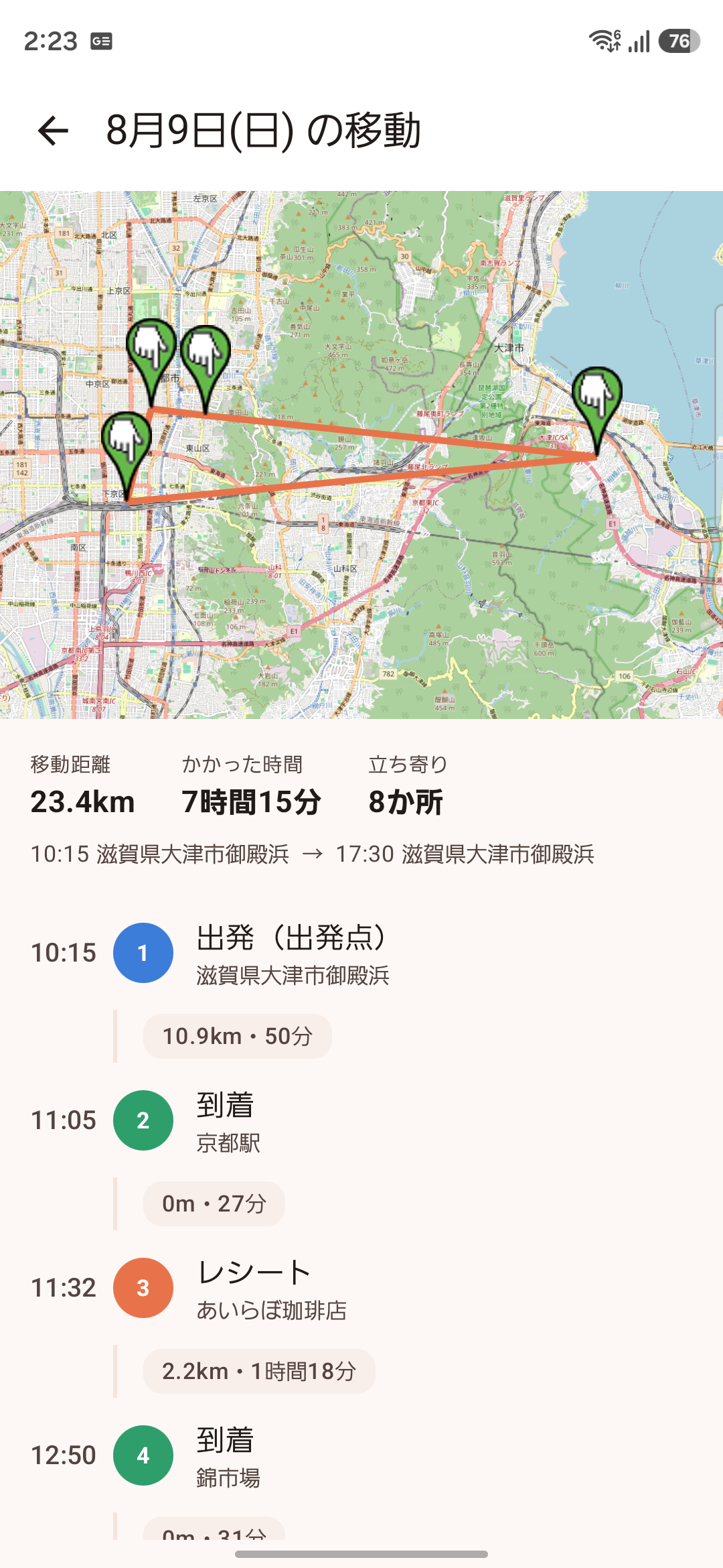 その日の移動画面。地図に軌跡と、区間ごとの距離と所要時間