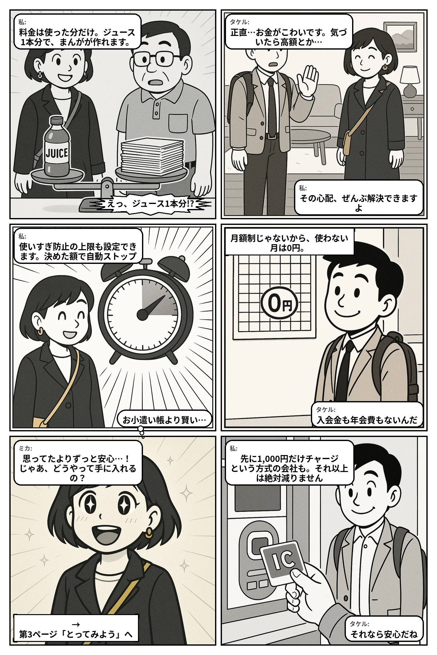 APIキー解説まんが 第2ページ：お金のはなし。使った分だけ・上限設定・チャージ式
